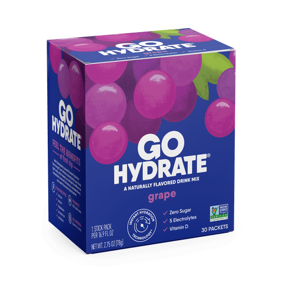 Electrolyte Hydration Drink Mix with Vitamin D, Non GMO Electrolyte Powder Hydration Pack, Grape, 30 Hydration Powder Packets - GoHydrate