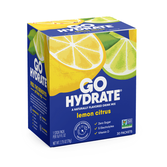 Electrolyte Hydration Drink Mix with Vitamin D, Non GMO Electrolyte Powder Hydration Pack, Lemon Citrus, 30 Hydration Powder Packets - GoHydrate