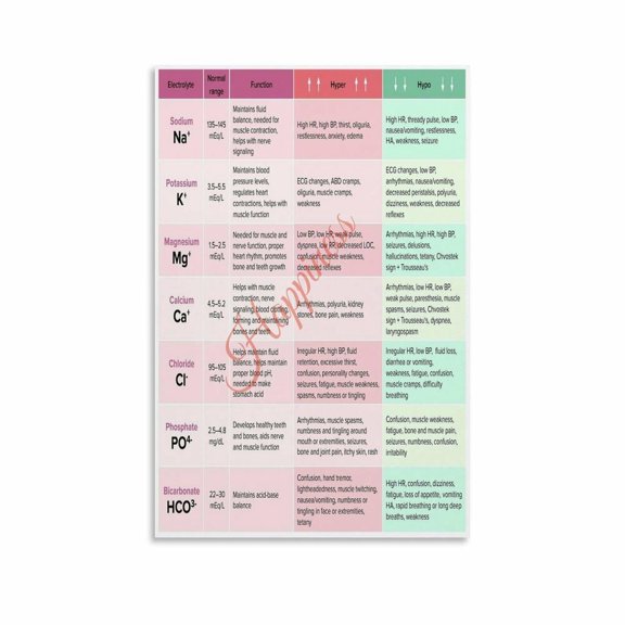 Electrolyte Normal Range Hyper Hypo Symptom Poster Medical Educational Chart Canvas Painting Wall Art