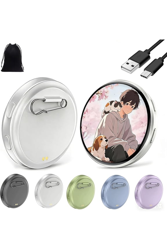 Electronic Badge Digital Display Pin, 1.8'' HD Touch Screen Electronic Digital Badge, Bluetooth App Control Keychain,Custom Photo Slideshow & Video Display for Anime/Star/Idol/Football Fans (White)