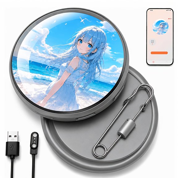 Electronic Badge Digital Pin Digital Badge With Image Video GIF And Scrolling Text Display With Touch Screen Anime Style Wearable, Smart Button For Fan Events, Cosplay And Fandoms
