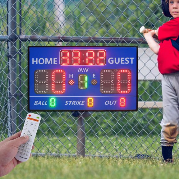 Electronic Baseball Scoreboard with Remote LED Digital Scoreboard with Timer and Buzzer Portable Score Keeper for Sports Games, 0-99 Scores, 3-Color Display