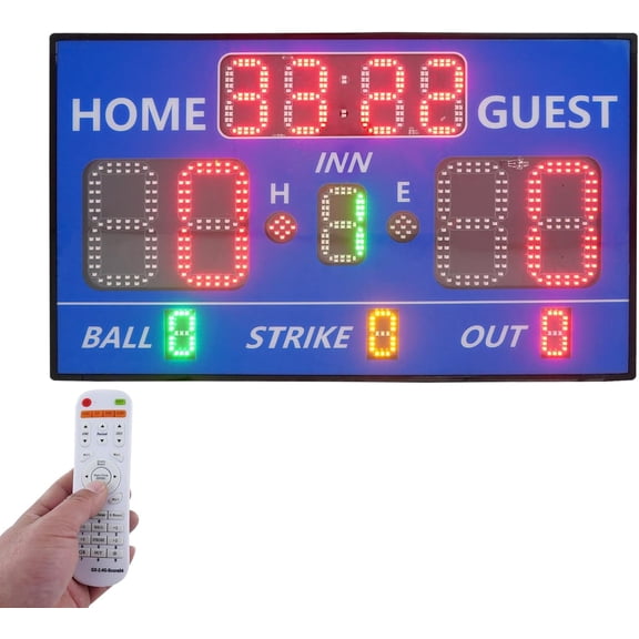 Electronic Baseball Scoreboard with Remote LED Digital Scoreboard with Timer and Buzzer Portable Score Keeper for Sports Games, 0-99 Scores, 3-Color Display