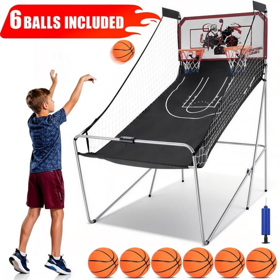 Electronic Basketball Arcade 2 Player, SHINPT Foldable Indoor Game for Kids Adults, Dual Shot Basketball Arcade Game with 8 Modes, Electronic Scoreboard, Hoop, 6 Balls & Air Pump Included