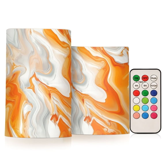 Electronic Candle Light Combination 3x5In, 3x4In Flameless Candle Plastic Festive Decoration Party Christmas Decoration Orange Marble Pattern