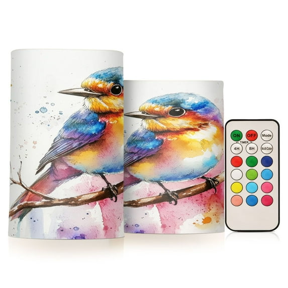 Electronic Candle Light Combination 3x5In, 3x4In Flameless Candle Plastic Festive Decoration Party Christmas Decoration Watercolor Beautiful Bird