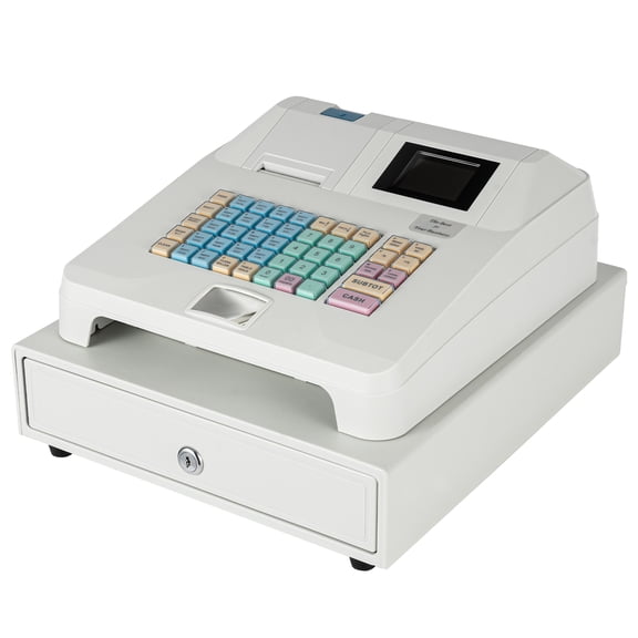 Electronic Cash Register 48 Keys POS System Cash Register w/ 8-Digital LED Display, Thermal Printer & Cash Box Cash Register for Small Businesses, Retailer and Supermarket (White)