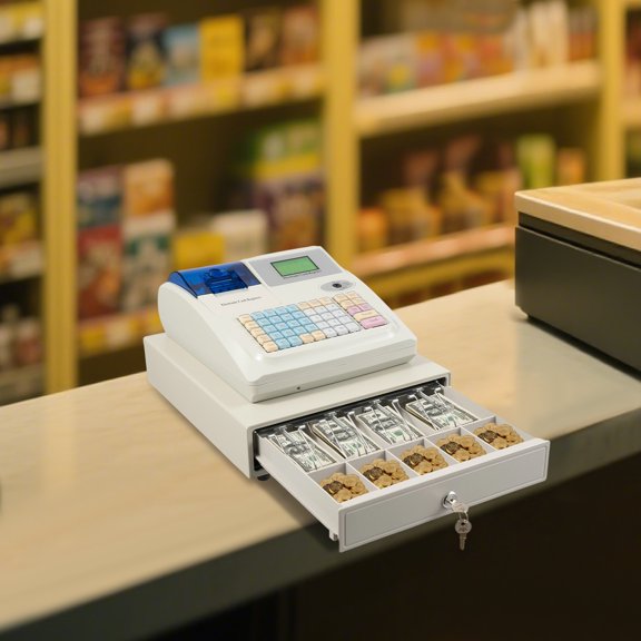 Electronic Cash Register 48 Keys POS System with Thermal Printer, 8-Digit LED Customer Display & LCM Staff Screen, 4 Bill 5 Coin Cash Drawer with 6 Authority Keys, Standalone Register