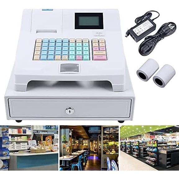Electronic Cash Register with Flat Keyboard and Thermal Printer, 8 Digital LED Commercial Cash Register,48 Keys Multifunctional Cash Register POS with Customer-Facing Digital LED Display$$Office