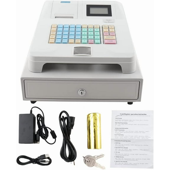 Electronic Cash Register POS System Cash Register with Drawer Box,Digital LED Display,48 Keys Keyboard,Multifunction Cash Register for Retail/Restaurant POS