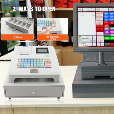 Electronic Cash Register POS System Cash Register with Drawer Box,Digital LED Display,48 Keys Keyboard,Multifunction Cash Register for Retail/Restaurant POS