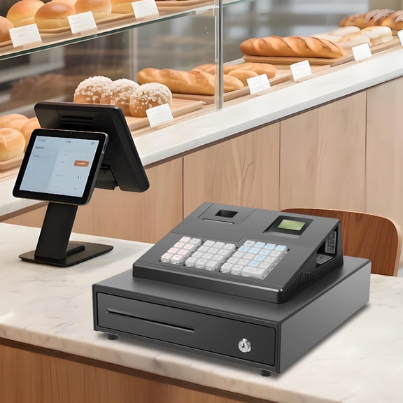 Electronic Cash Register for Small Business, 39 Key Retail POS System with 4 Bill 4 Coin Slots, Thermal Receipt Printer, LCD/LED Dual Display, 32 Departments for Supermarket Cafe Bakery Shop