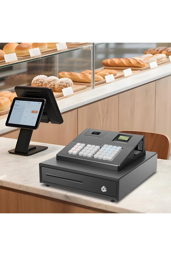 Electronic Cash Register for Small Business, 39 Key Retail POS System with 4 Bill 4 Coin Slots, Thermal Receipt Printer, LCD/LED Dual Display, 32 Departments for Supermarket Cafe Bakery Shop