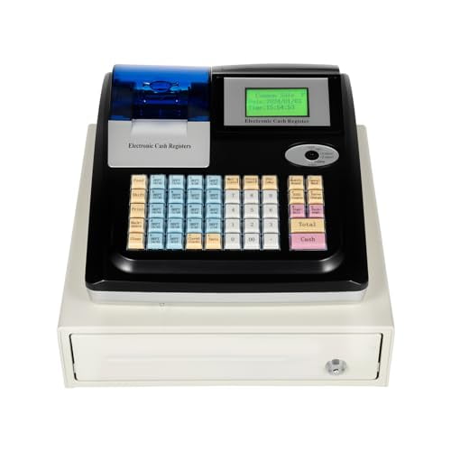 Electronic Cash Register for Small Businesses w/Drawer, POS System 48 Keys LED Display 4 Bill/4 Coin Integrated Cash Drawer and Receipt Printer Cash Register for Retail Store Supermarket