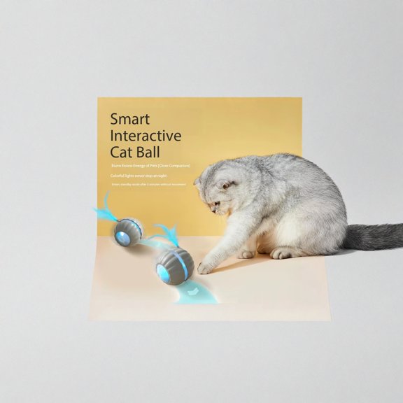 Electronic Cat Toy, Interactive Cat Toys, 3inRound, Rechargeable Light, Feather Cat Toy, Cat Relaxation, Rolling Cat Toy, Interchangeable Attachments, Grey Blue, Pet Cat