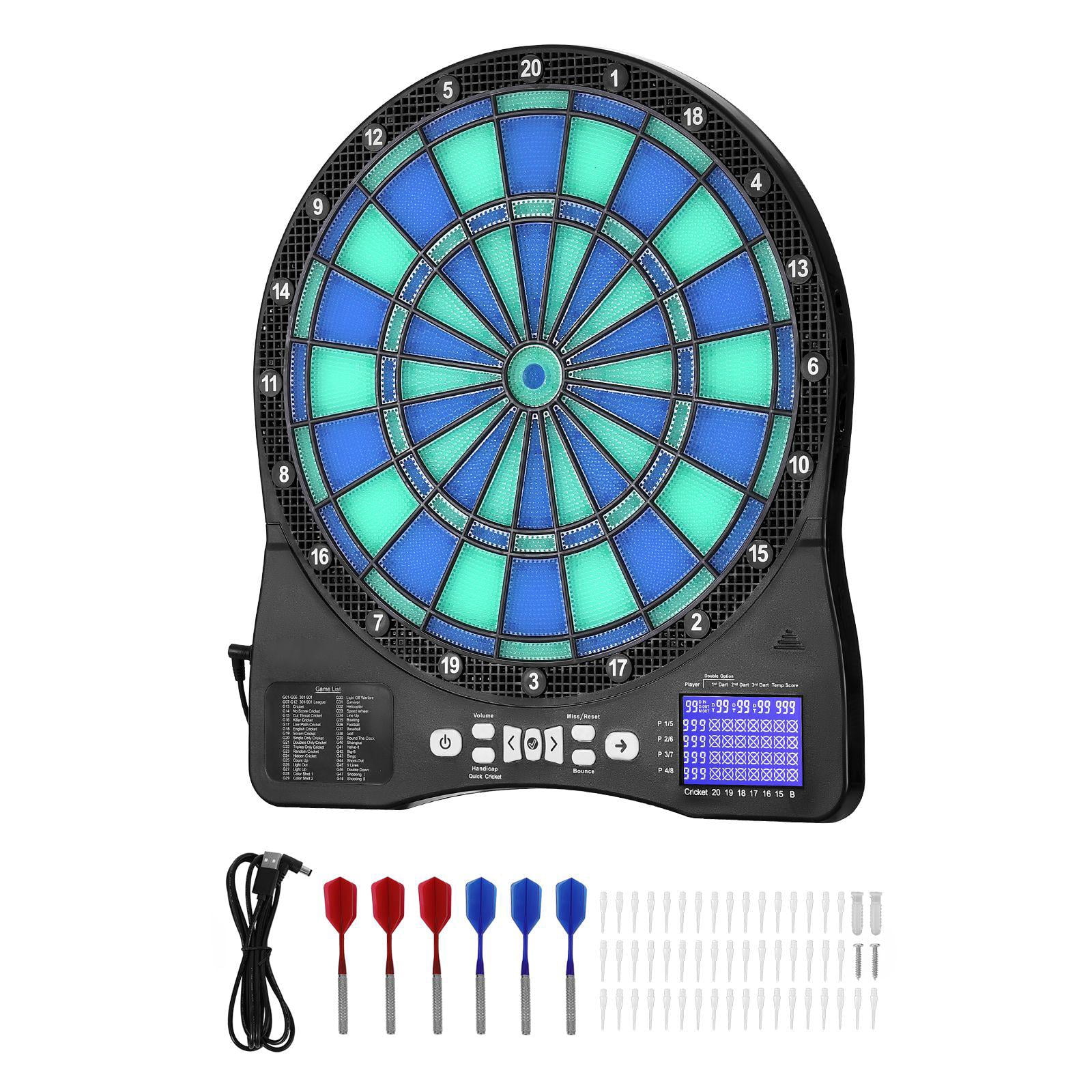 Electronic Dart Board LED Illuminated Target with 48 Games 500 Variations 6 Dart Shafts Flights 50 Soft Tips Cricket Scoring LCD Screen Supports 8 Players