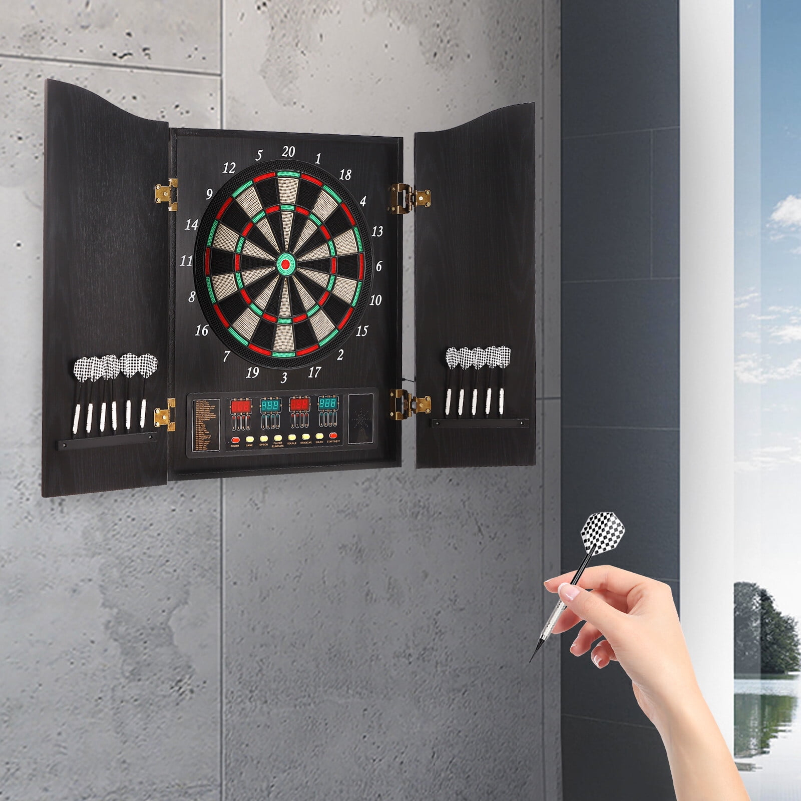 Electronic Dart Machine - 27 Game Categories, 16 Player Capacity, Soft Darts, Voice Announcements, Wall-Mounted Design, Ideal for Parties & Family Fun
