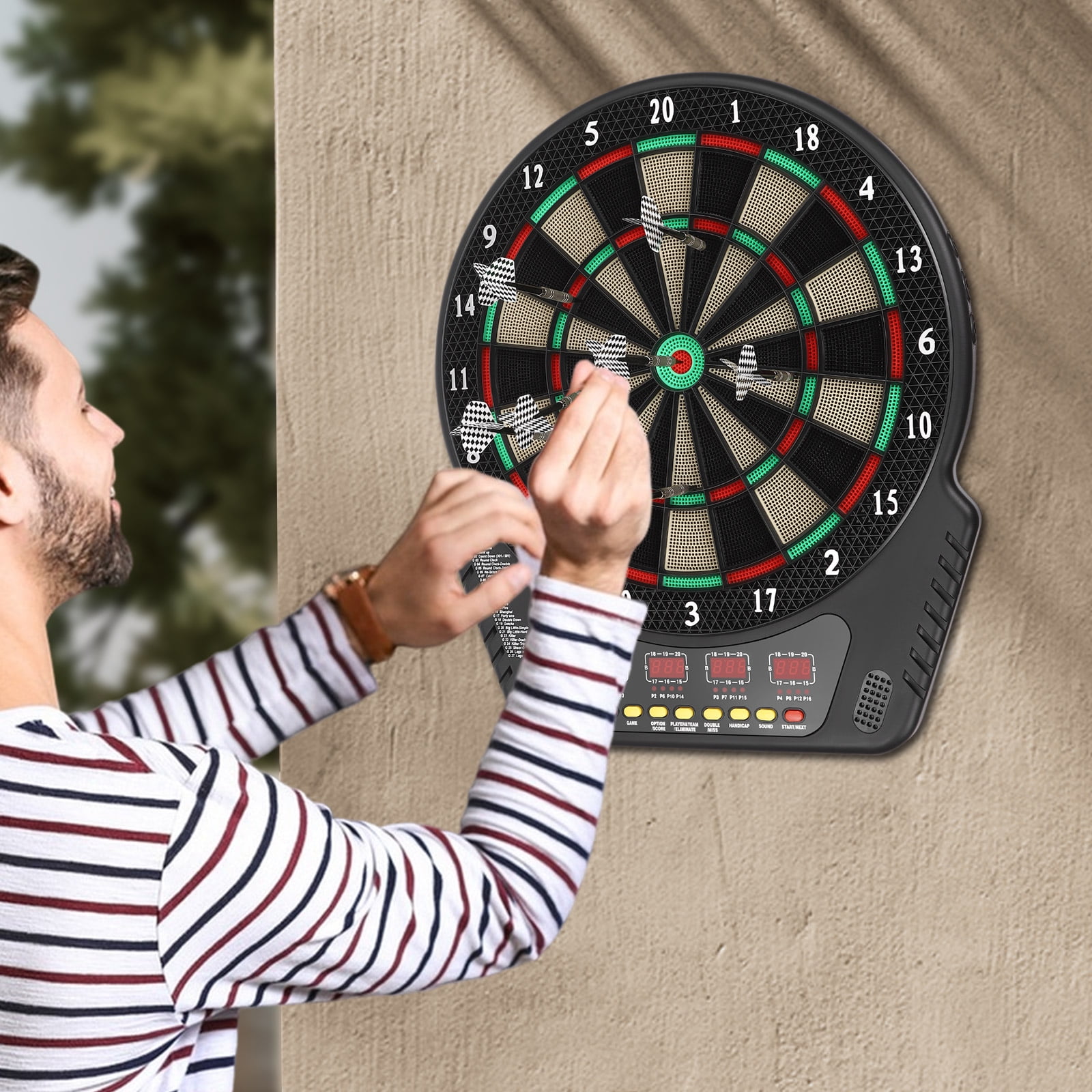 Electronic Dartboard, 27 Game Modes, 16 Players, LED Display, Auto-Sleep, Voice Prompts, Power Cord & Battery Powered for Indoor/Outdoor Use