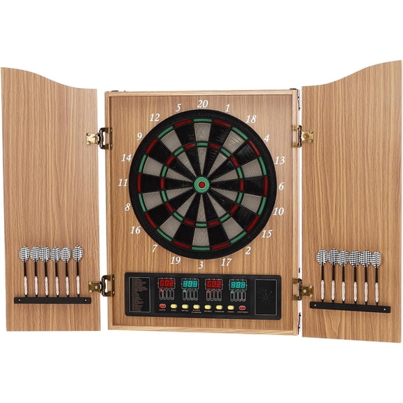 Electronic Dartboard Cabinet Combo Pro Size Large Auto-Scoring Cricket Display Extended Dart Catch Area 16 Player Multiplayer with Soft Tip Darts and Power Adapter