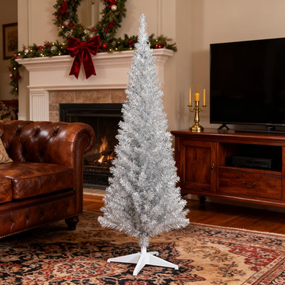 5ft Unlit Silver Pencil Christmas Tree 294 Tips Easy Assembly Plastic Base Small Space Holiday Decor