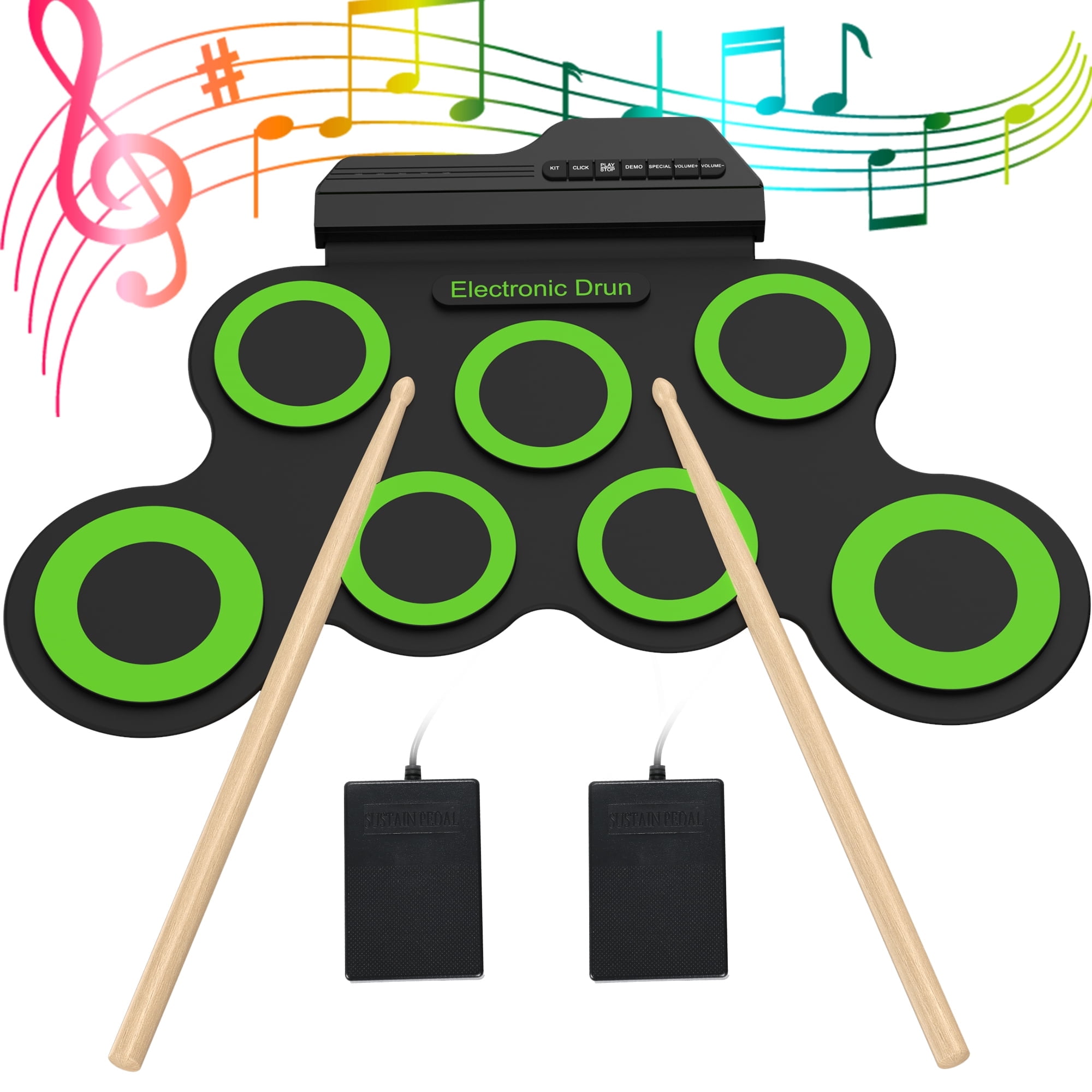 Udreamer Electric Drum Set, 7-Pad Bluetooth Portable Electronic Drum Pad,ChristmasBirthday Gift,Green