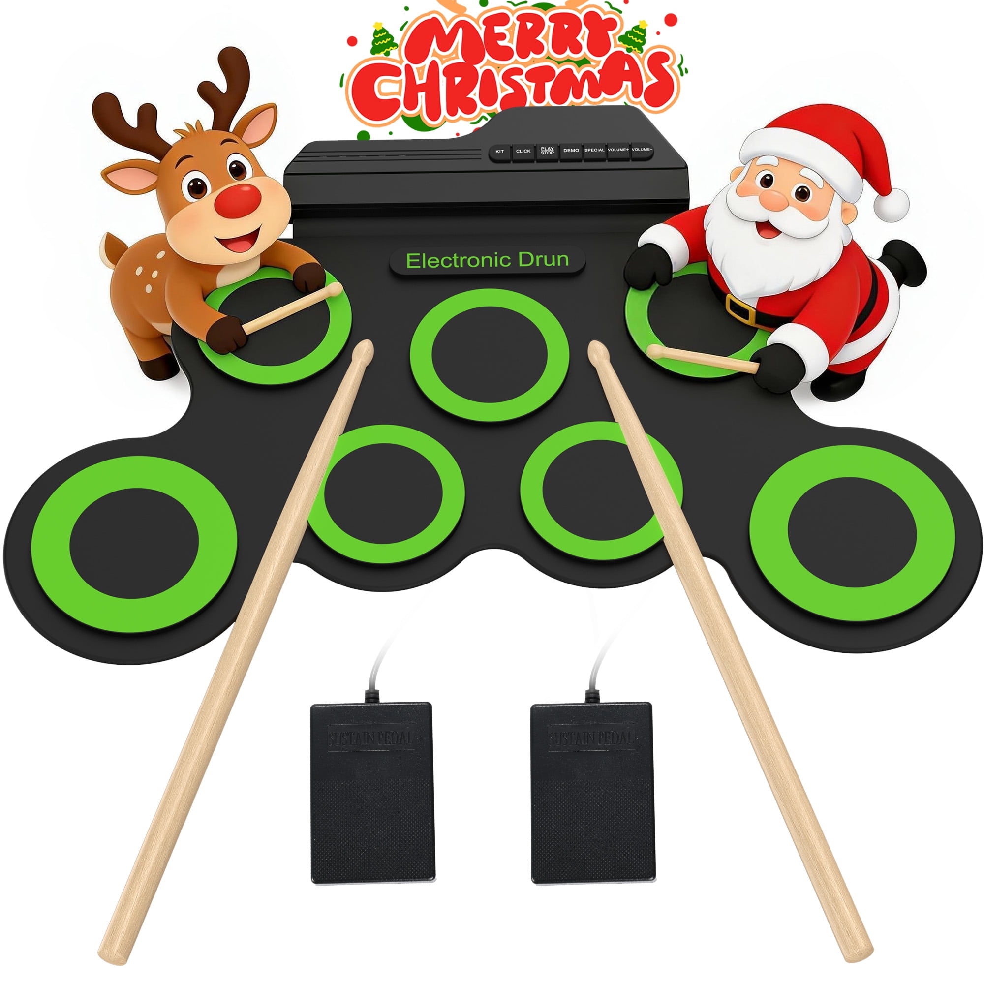 Udreamer Electric Drum Set, 7-Pad Bluetooth Portable Electronic Drum Pad,ChristmasBirthday Gift,Green
