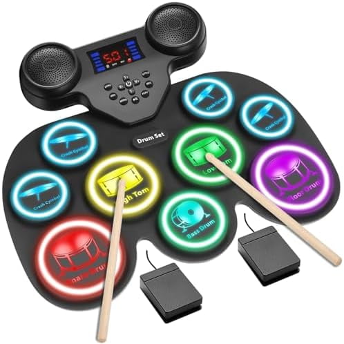 Electronic Drum Set with 7- LED Light Show on Strike, 9-Pad Electric Drums Set Bluetooth MIDI Support, Extra-thick Electric Drum Pads for Better Rebound, Perfect Christmas/Birthday Gift for Kids