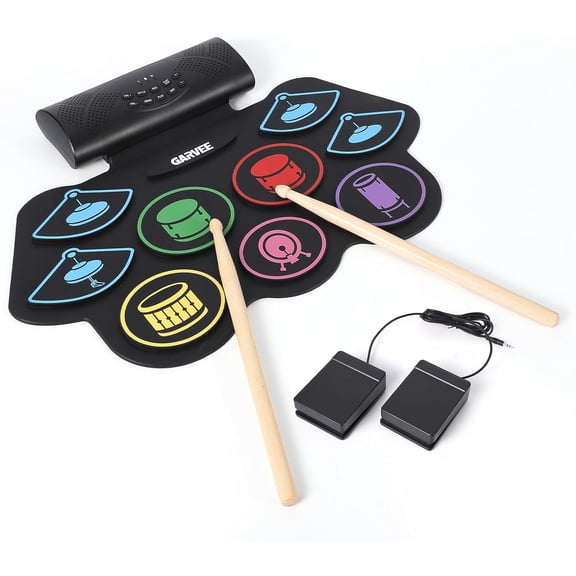 Electronic Drum Set with 9 Drum Pads, Roll-Up Portable Drum Kit, Built-in Speakers, Pedals, Sticks, Bluetooth MIDI & Headphone Jack, Beginner Drum Set for Kids