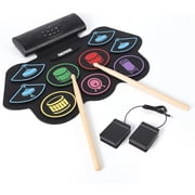 Electronic Drum Set, 9-Drum Roll-Up Practice Pad Kit with Built-In Speakers, Drum Pedals, Sticks, Bluetooth & MIDI, Portable Electric Drum Machine for Beginners