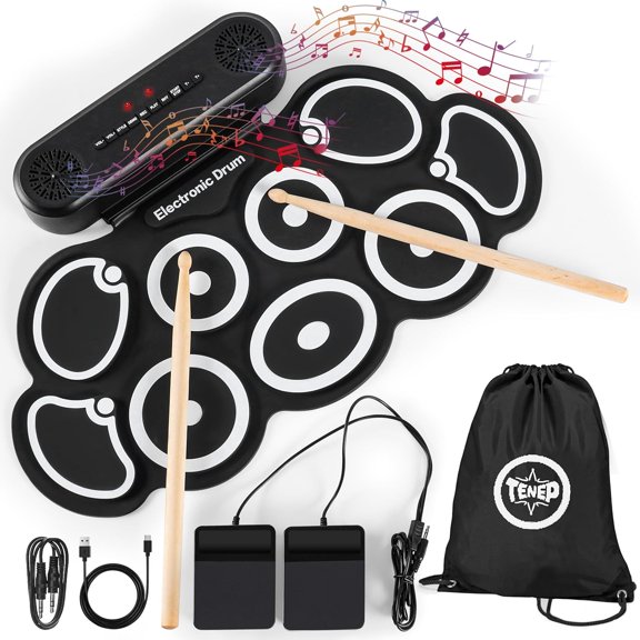 Electronic Drum Set 9 Pad, Portable Roll Up Drum Kit with USB MIDI & Bluetooth, Built-in Speakers, Foot Pedals, Rechargeable Battery, Compact Practice Drum Pad for Beginners & Adult Musicians