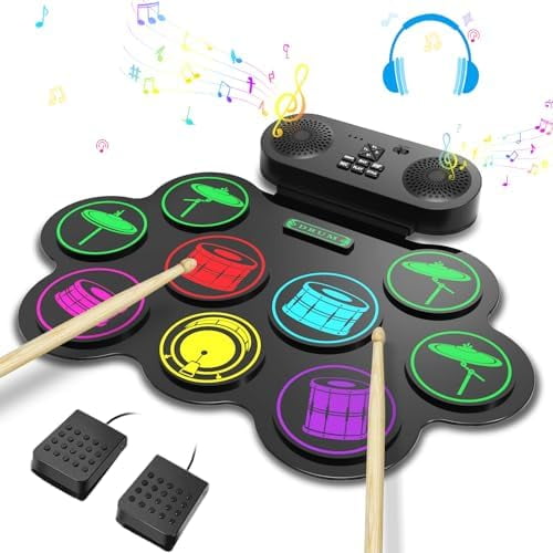 Electronic Drum Set, 9-Pads MIDI Practice Roll-Up Drum Pad with Headphone Jack Built-in Dual Speaker Drum Sticks and Pedals, Great Holiday Xmas Birthday Surprise for Kids and Adults