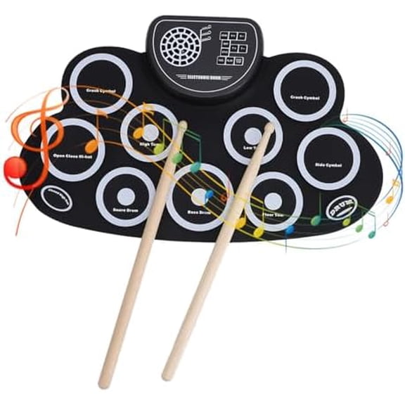 Electronic Drum Set, 9-Piece Practice Pad with Headphone Jack, Portable Roll-Up Foldable Practice Drum Kit, Built-in Speaker, AUX Input, for Kids, Adults, Beginners$$Music