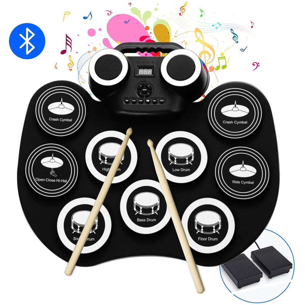 Electronic Drum Set 9Pads with LED Lights, Bluetooth Portable Electronic Drum Kit, Roll-Up Practice Drum Pad, Built-in Dual Speakers, Headphone, Holiday Birthday Gift for Kids Adults