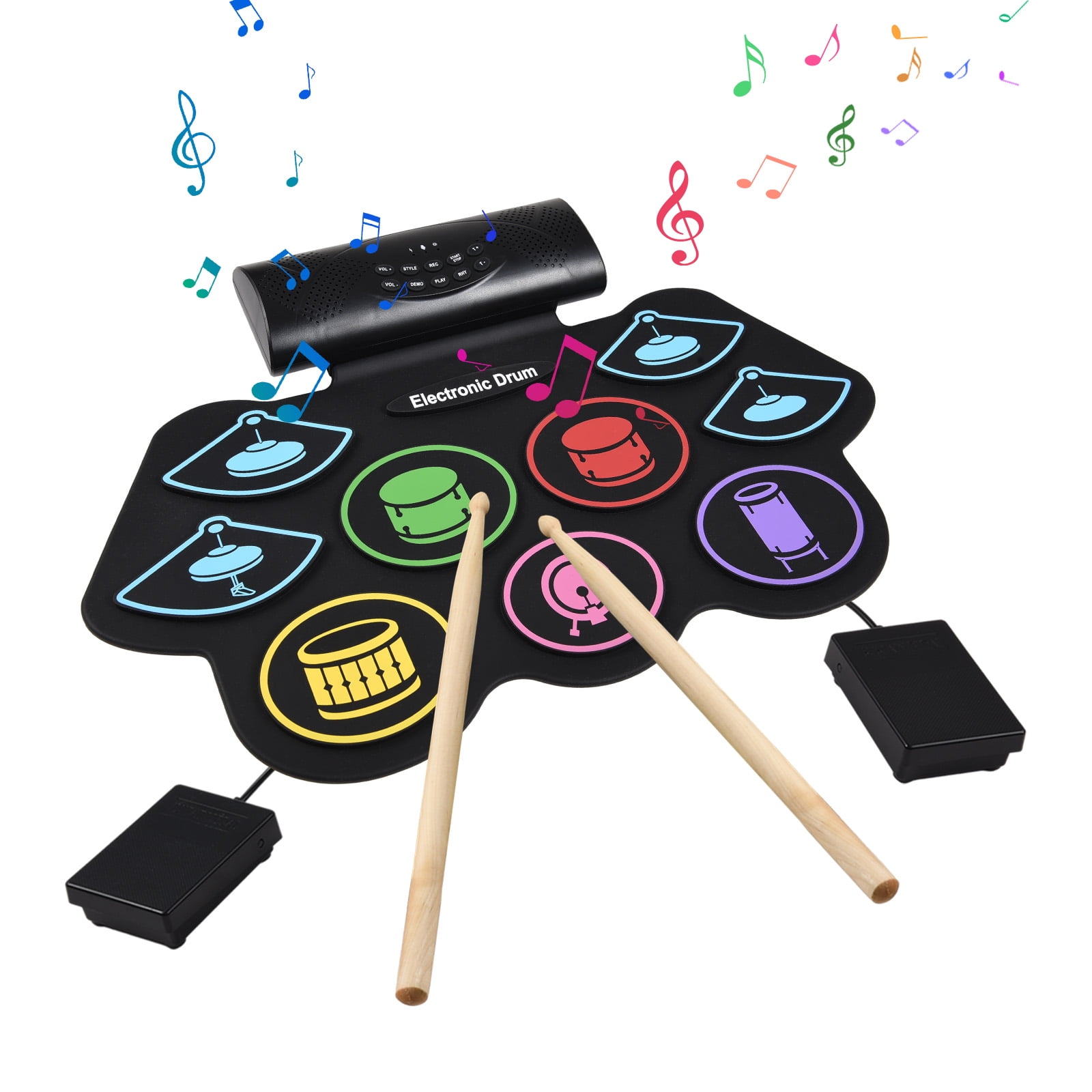 Electronic Drum Set Hand Roll Drum Set Percussion Instrument 9 Pads BT External Sound Colorful
