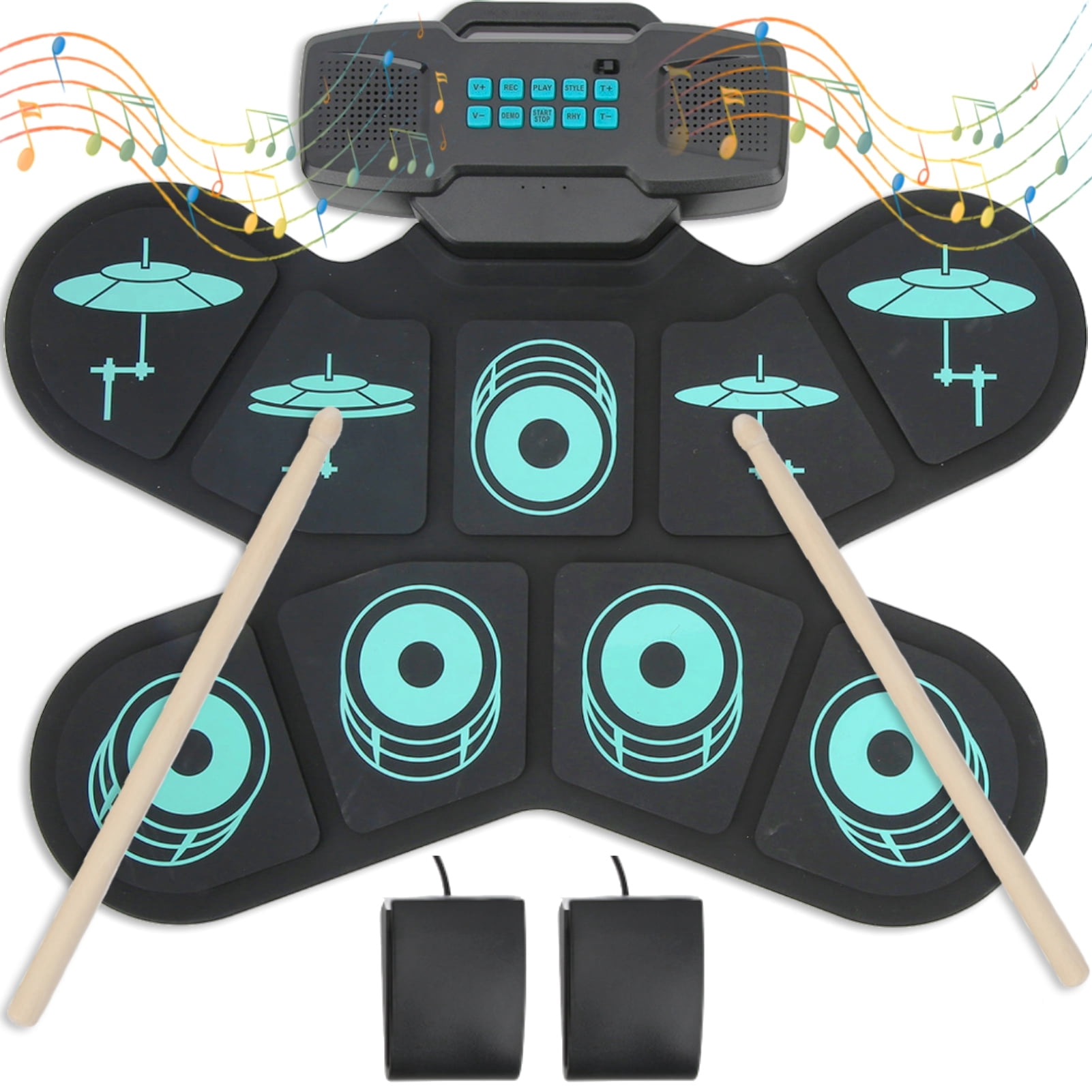 Electronic Drum Set Roll Up Electric Drum Quiet Drum Pad with 10 Demo 10 Tunes, Built-in Stereo Speakers, Foot Pedals, Sticks, Perfect Gift, Adults and Beginners