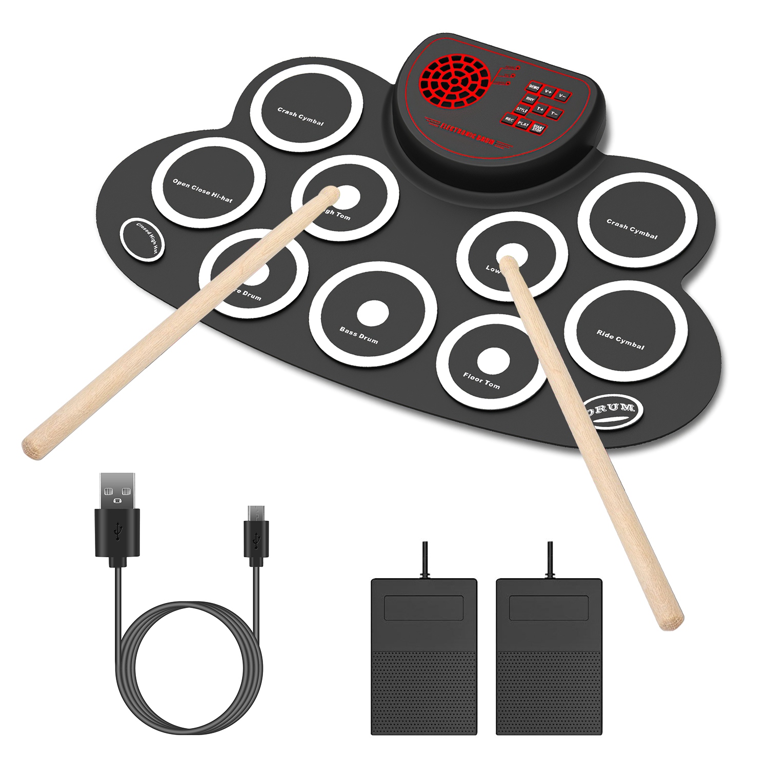Electronic Drum Set for Kids, 10 Pads Portable Roll-up Drum Kit with Drum Sticks Headphone Jack Speaker Battery Dual-Pedal - image 1 of 6