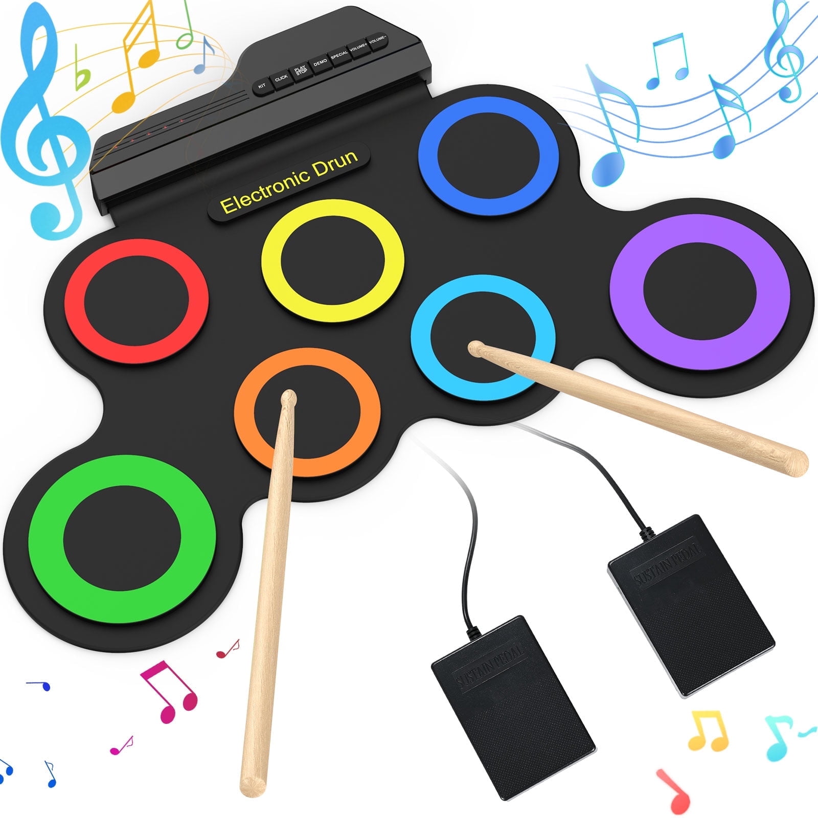 Electronic Drum Set for Kids, 7 Roll-up Practice Pad with Headset Jack/Foot Pedals/Drumsticks, Drum Kit for Beginners (No Speaker)