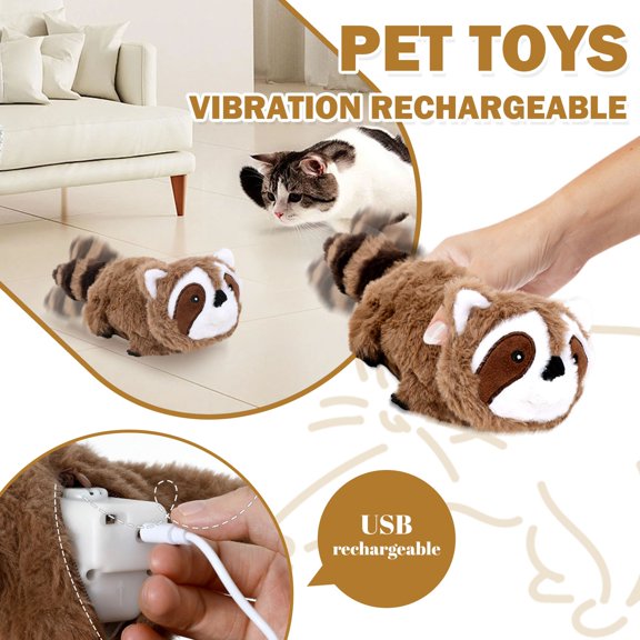 Electronic Flapping Raccoon Cat Toys，Motion Activated Moving Toys with Squeaky Sound and Wagging Tail for Indoor Cats，Interactive Self Play Toys for Kittens，Boredom Relief，White