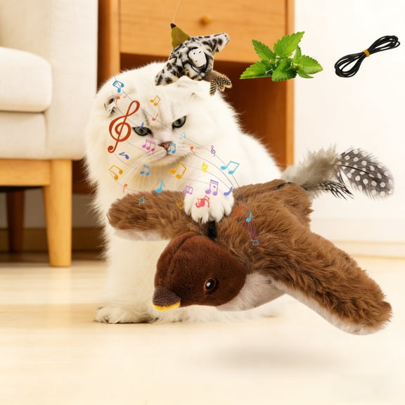 Electronic Flying Bird Cat Toy, Interactive Chirping Flapping Wings Simulation with Remote Control, Indoor Electric Cat Toy for Active Play (Brown)