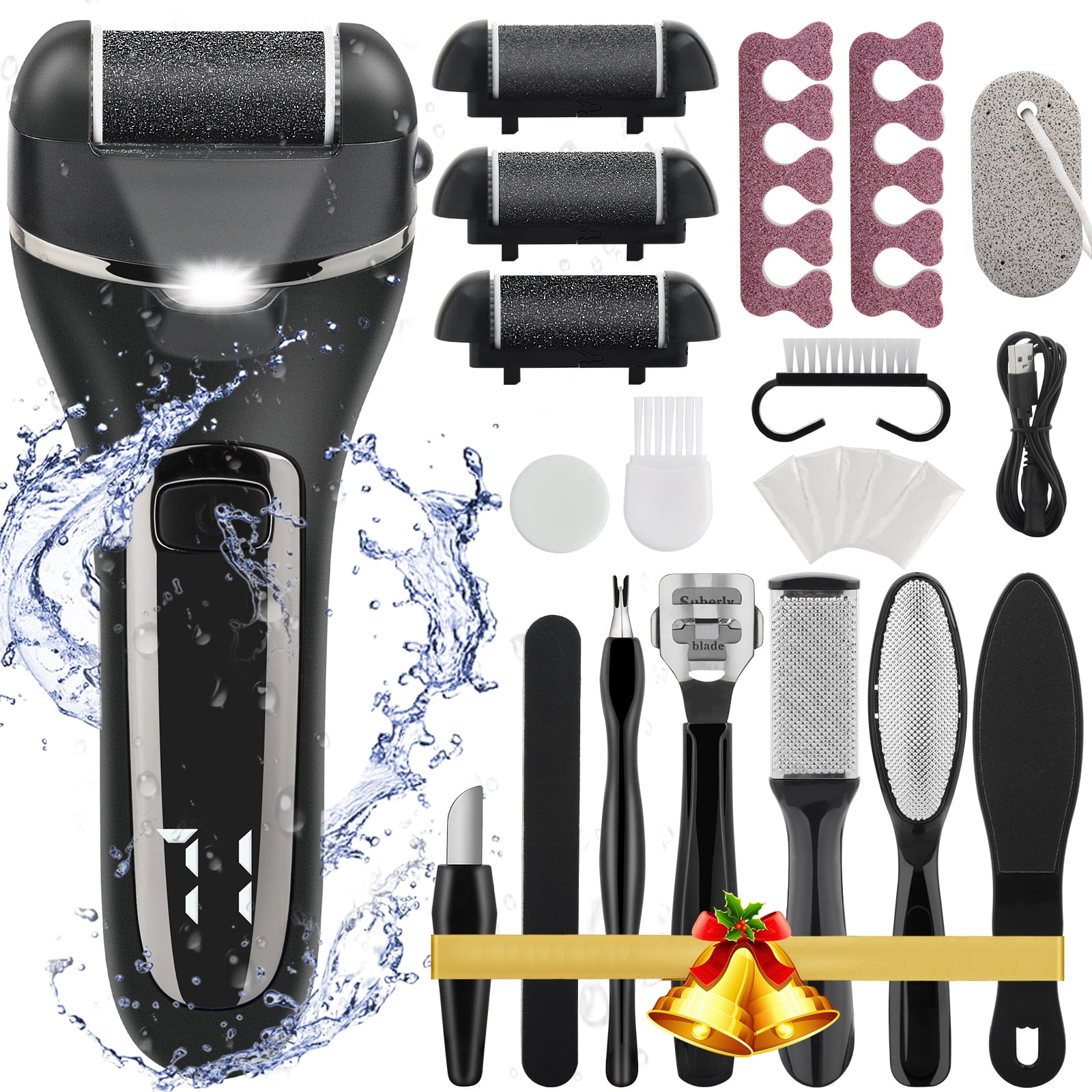 Electronic Foot File Pedicure Kits ,  16 in 1 Rechargeable Portable Electric Foot Callus Remover for Remove Cracked Heels Calluses and Dead Skin Black