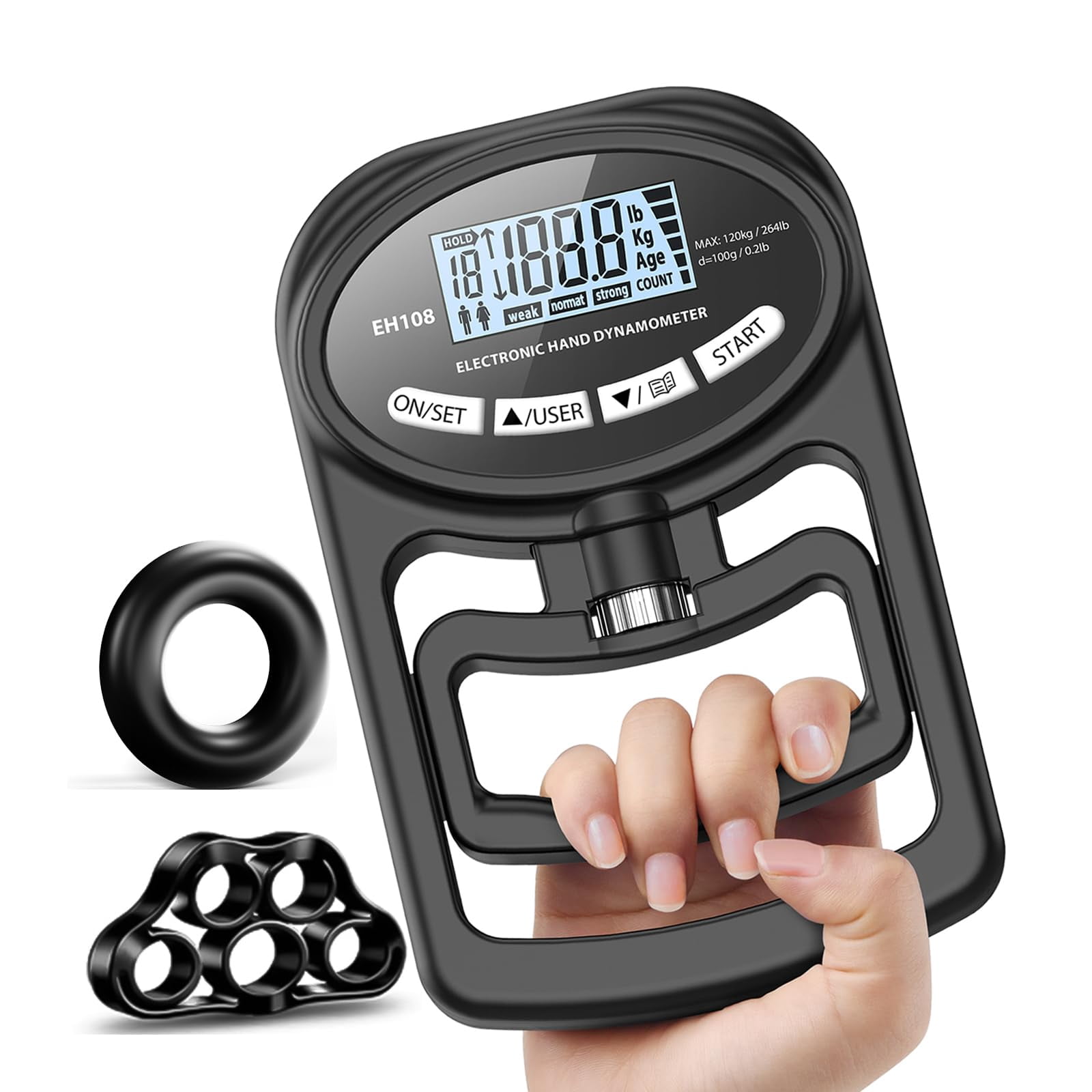 Electronic Hand Grip Strength Tester Trainer Digital Hand Dynamometer Forearm Grip Strength Exerciser 265 lbs 120 kg Training Gauge for Sport Home School Use