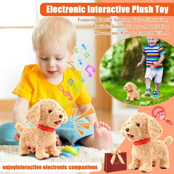 Electronic Interactive Plush Puppy Toy, Tactile Sensing Voice Simulation Realistic Sound Tongue Licking Movement Leash Remote Control, For Puppies All Ages Play