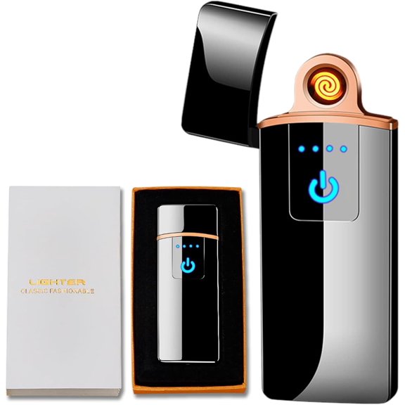 Electronic Lighter, Windproof USB Rechargeable Slim Coil Electric Lighters with Smart Fingerprint Sensor Double Side Ignition,Creative Power Indicator Flameless for Gifts(Black)