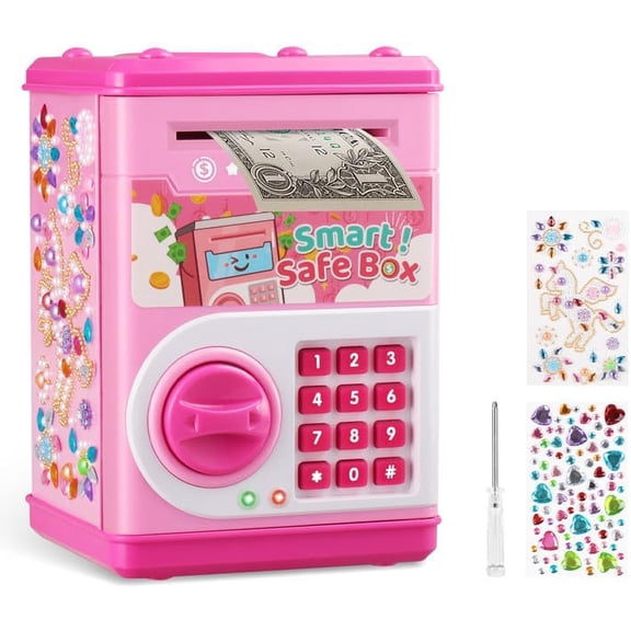 Electronic Mini ATM Bank with Password for Boys Girls, Money Saving Box with Auto Grab Bill Slot, @ Cash Coin Can Money Safe Toy, # Birthday for Age 3-12, Pink, Piggy Bank for Kids !
