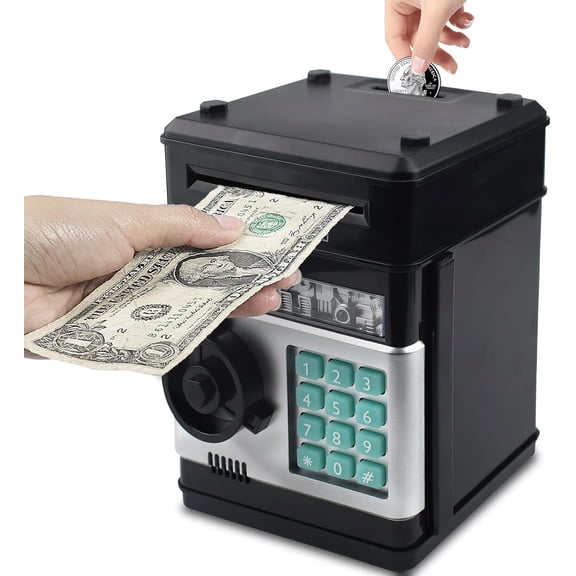 Electronic Mini Money Safe with Auto-Cash Roller, 4-Digit Code Lock, Durable ABS Plastic, @ Ideal Gift for Boys & Girls Ages 3-12, # (Black), Password Protected Kids ATM Piggy Bank !