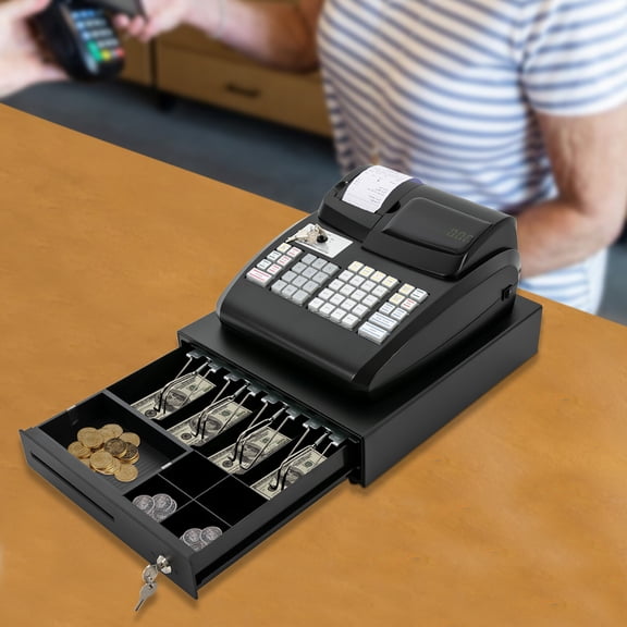 Rectangular Black Tabletop Electronic POS System Cash Register LED Display For Retail W/ Drawer 47 Keys