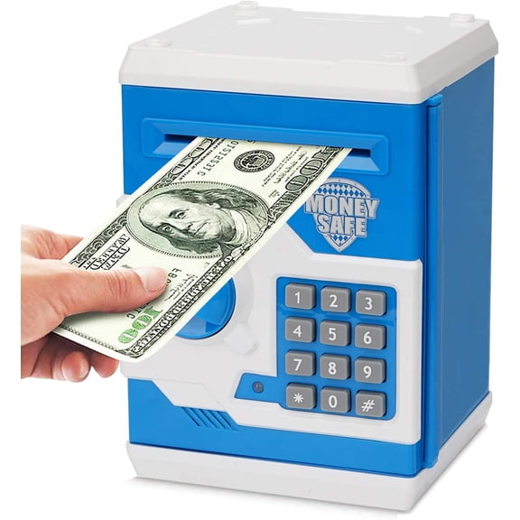 Electronic Piggy Bank, Mini ATM Password Money Bank Cash Coins Saving Box for Kids, Cartoon Safe Bank Box Perfect Toy Gifts for Boys Girls (Blue)