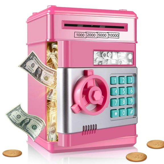 Electronic Piggy Bank for Kids, Cute Cash Coin Can ATM Bank for Real Money, Auto Scroll Paper Money Saving Box Toy Gift for Girls Boys Children, Pink