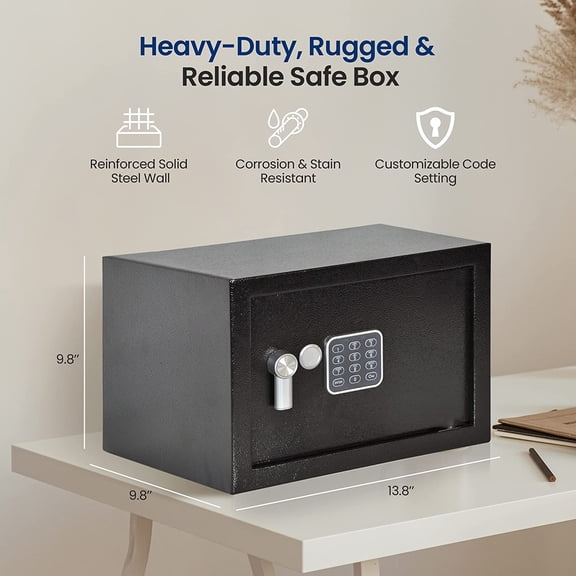 Electronic Safe Box | Heavy-Duty 13.8’’ x 9.8’’ Small Lockbox | Digital Keypad Code & 2 Key Override | Compact Money Safe for Cash, Jewelry, Valuables | Wall & Floor Mountable Storage