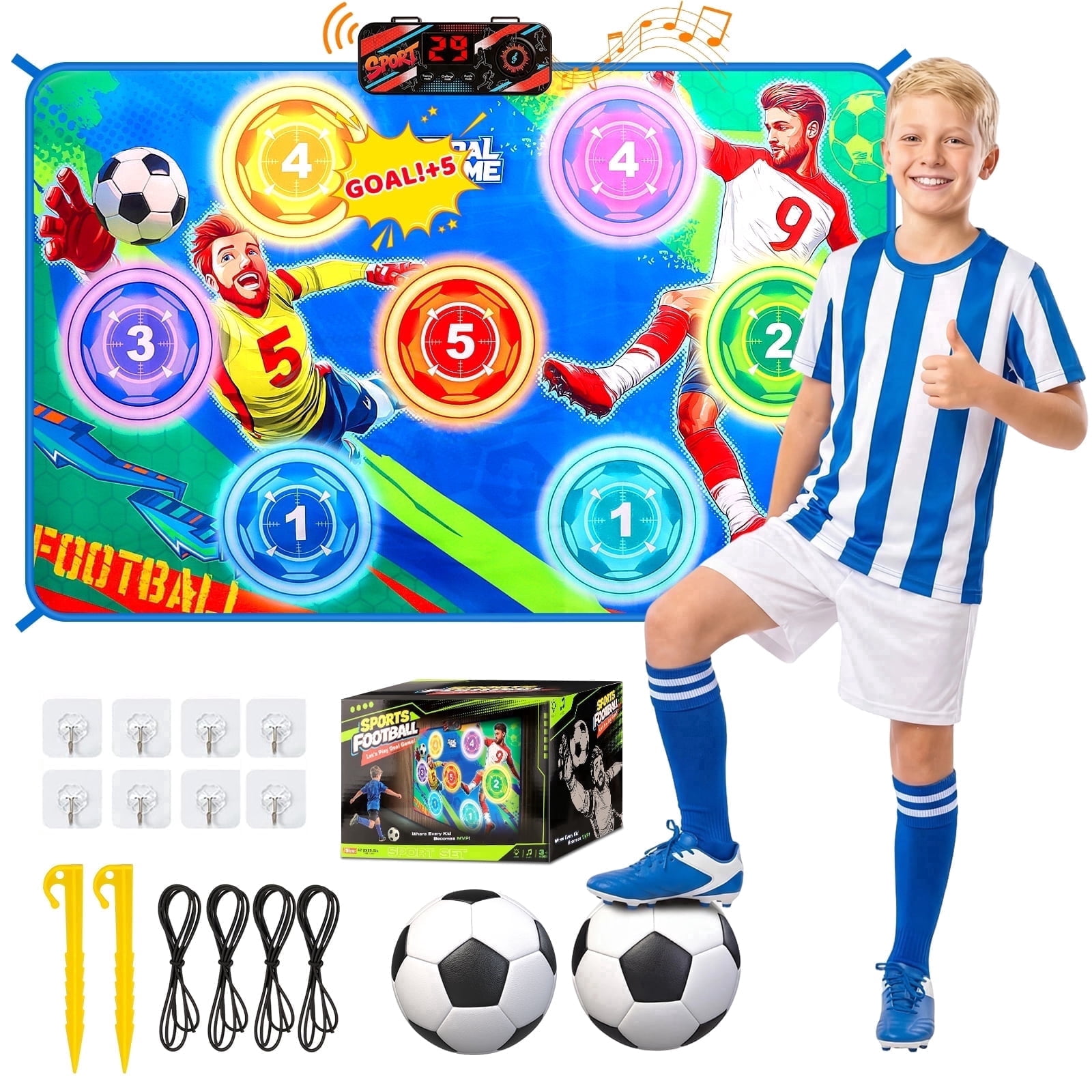 Electronic Scoring Soccer Toy Game Mat Set for Kids, Soccer Toss Target Game Indoor Outdoor with Real-Time Scoring & 3 Modes, 2 Soft Soccer & Goal, Birthday Gifts for 3-5/6-8/8-12 Years Old Boys Girl